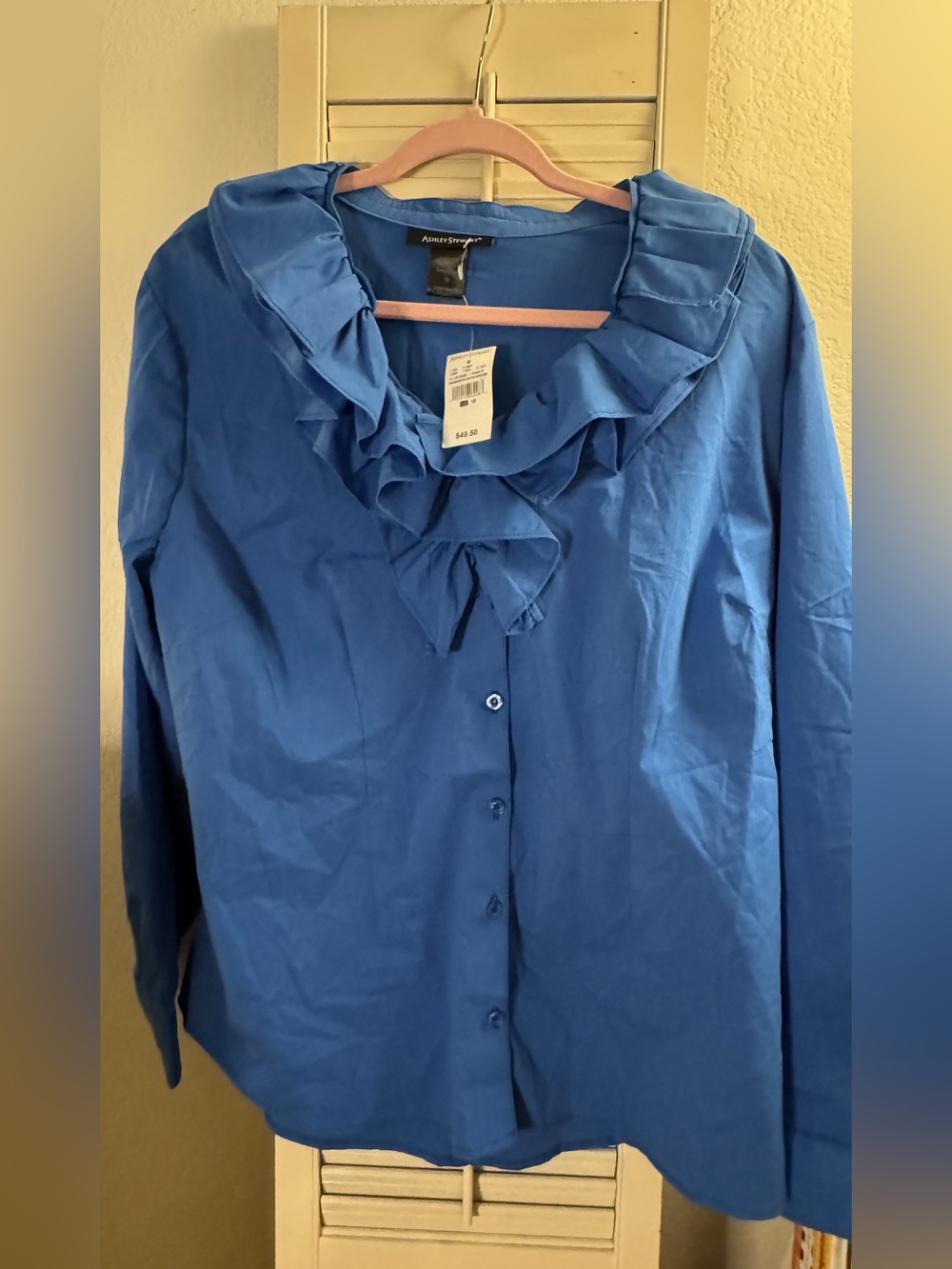 Ashley Stewart Blue Ruffle Collar Button Front Blouse Top Size 18 NWT